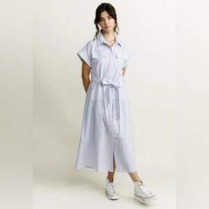 Venacular rayon/linen Striped Blue Shirt Dress with tie belt, Size L
